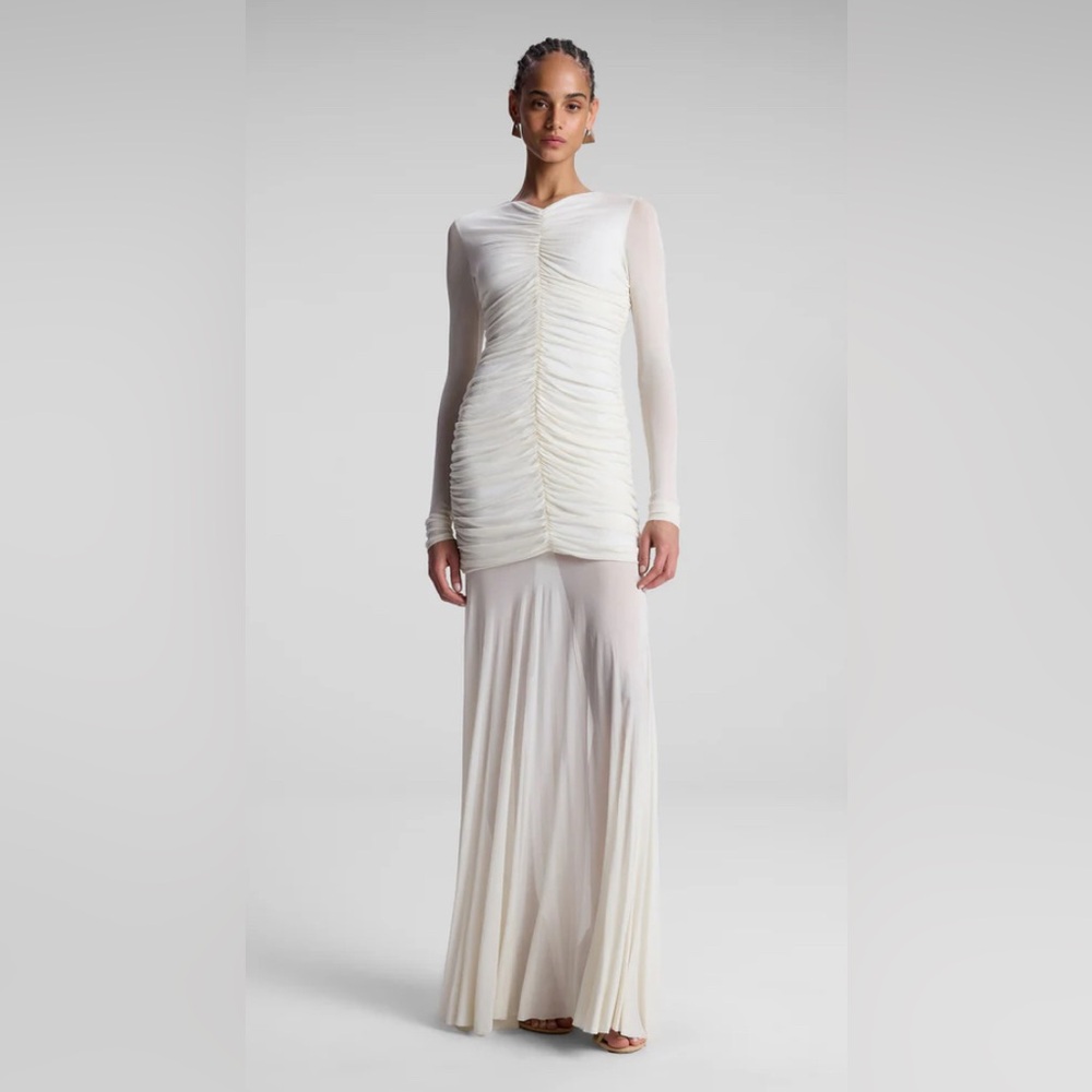 A.L.C. fawn ruched mesh maxi dress in off white color